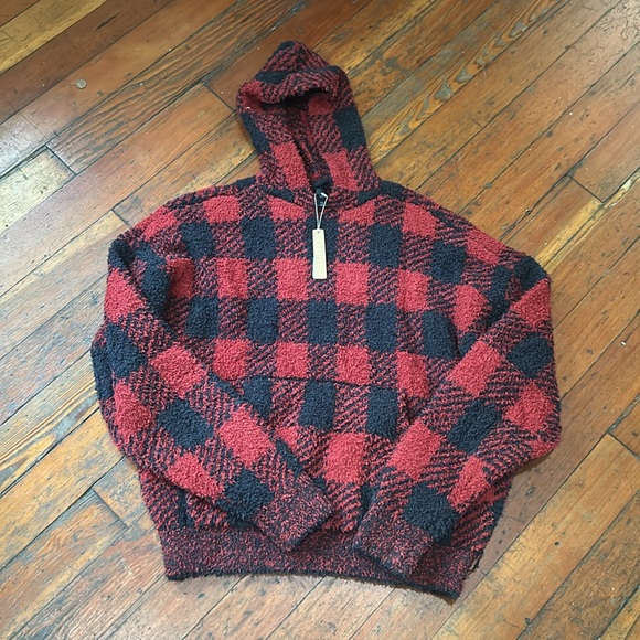 SKIMS Red and Black Buffalo Plaid Sweater Hoodie - Picture 3 of 8